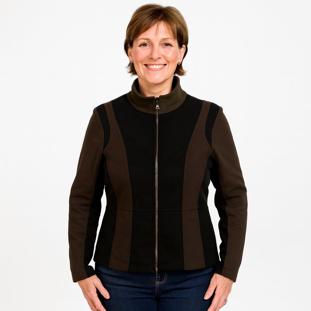 Icelandic Design Full Zip Sweater Med Brown Black 100 Percent Wool Knit Jacket